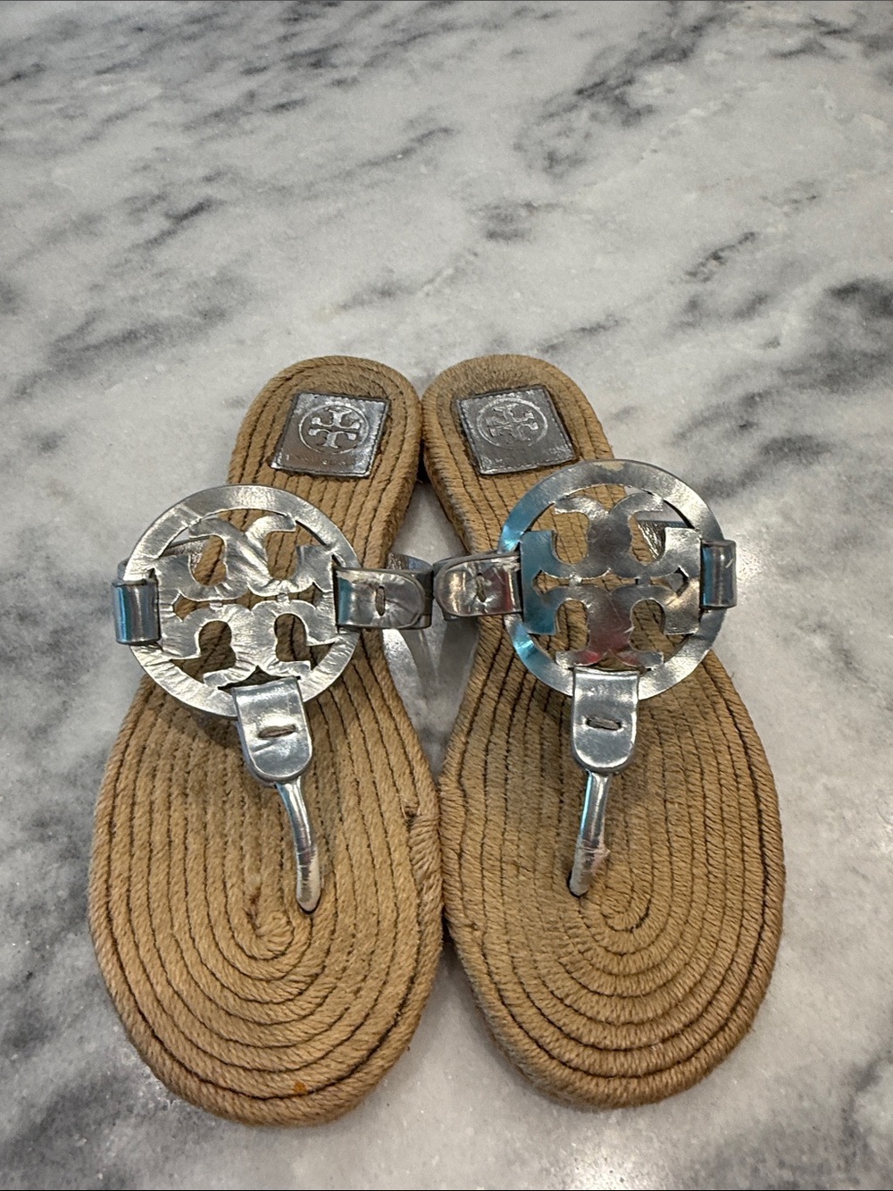 Tory Burch Rope-Soled Thong Sandals with Silver Logo